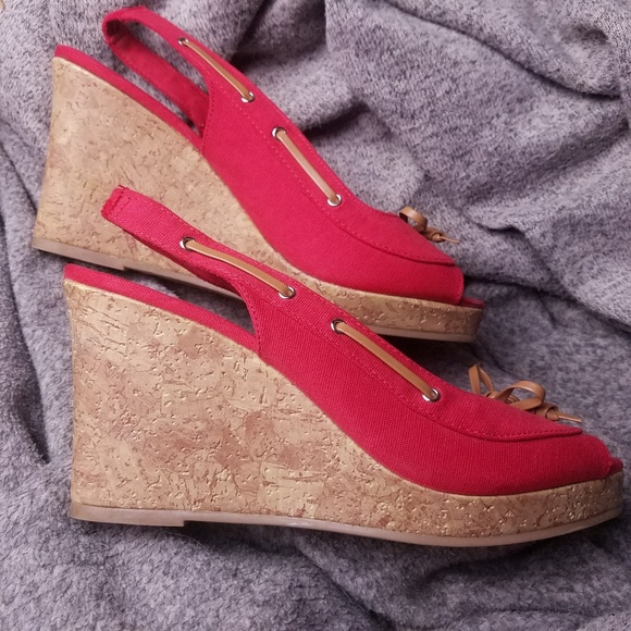 Red Wedge Sling Back Heels size 8.5 - Picture 3 of 8